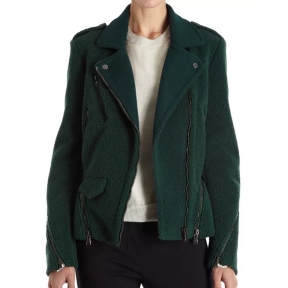 3.1 Phillip Lim Forest Green Boucle Wool Leather Moto Biker Jacket size 4 - Picture 1 of 9
